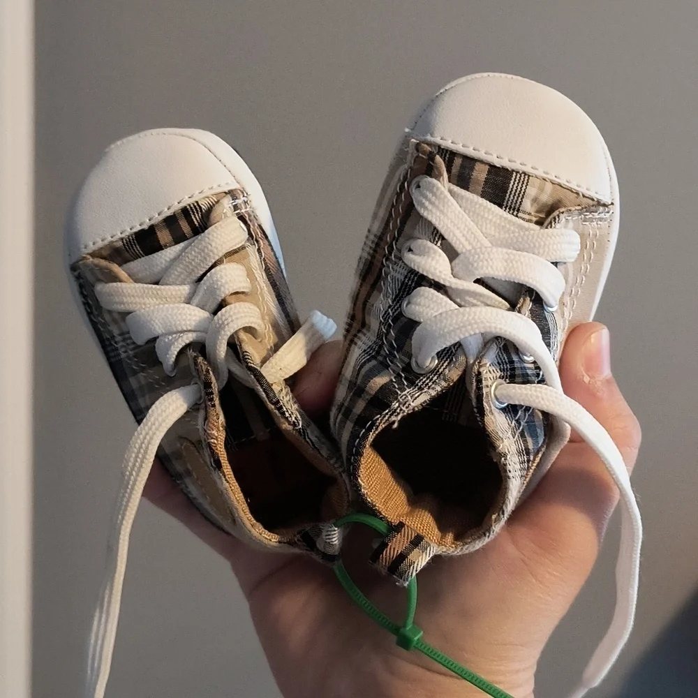 Plaid High-Top Kids Shoes - Tan and White